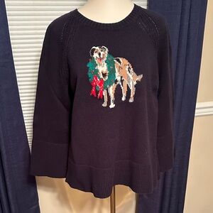 Talbots Navy Sweater with Festive Dog Design